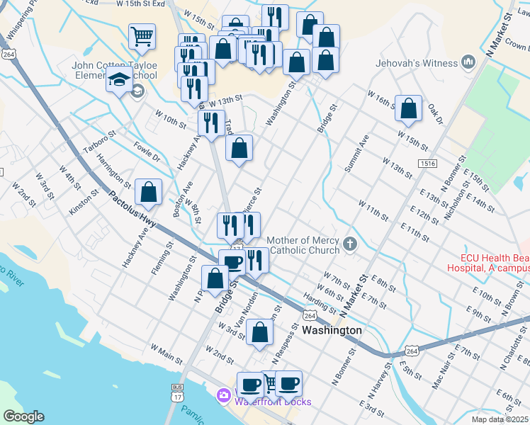 map of restaurants, bars, coffee shops, grocery stores, and more near 820 Bridge Street in Washington