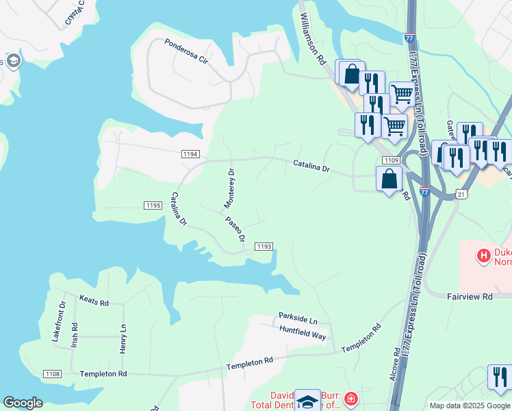 map of restaurants, bars, coffee shops, grocery stores, and more near Pallisades Court in Mooresville