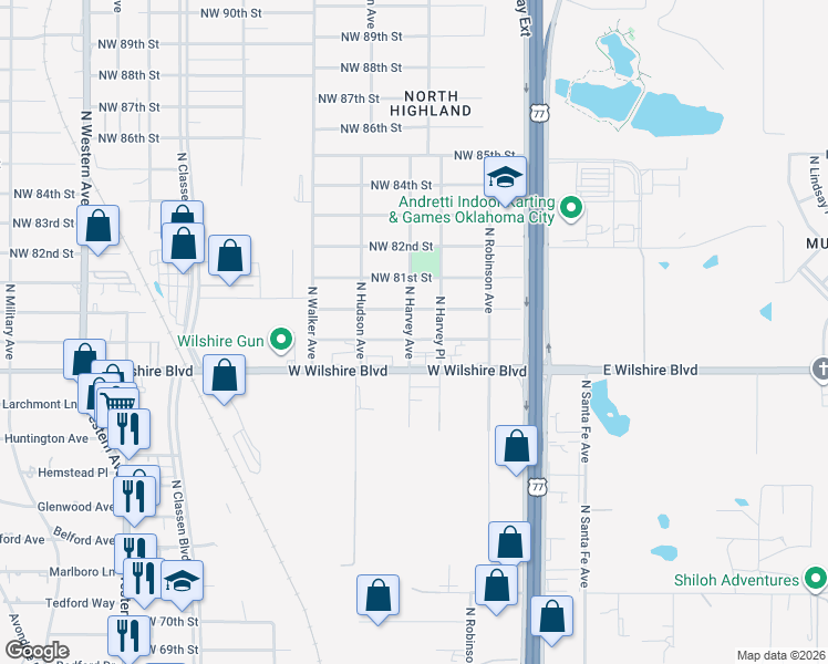 map of restaurants, bars, coffee shops, grocery stores, and more near 251 Northwest 80th Street in Oklahoma City