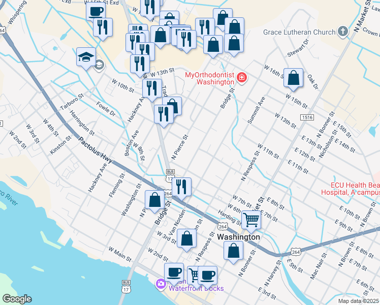map of restaurants, bars, coffee shops, grocery stores, and more near 820 Bridge Street in Washington