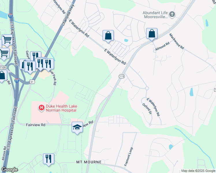 map of restaurants, bars, coffee shops, grocery stores, and more near 1334 Mecklenburg Highway in Mooresville