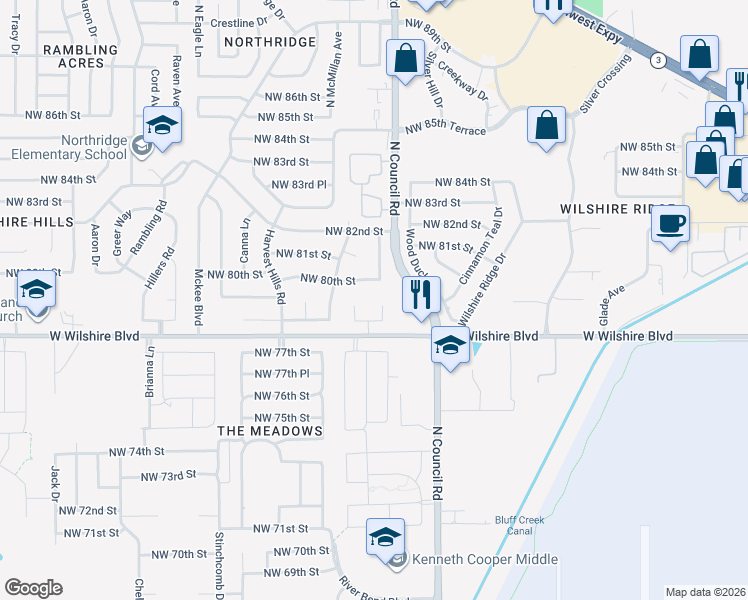 map of restaurants, bars, coffee shops, grocery stores, and more near 8010 Northwest 80th Street in Oklahoma City