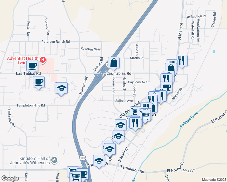 map of restaurants, bars, coffee shops, grocery stores, and more near Forest Avenue in Templeton