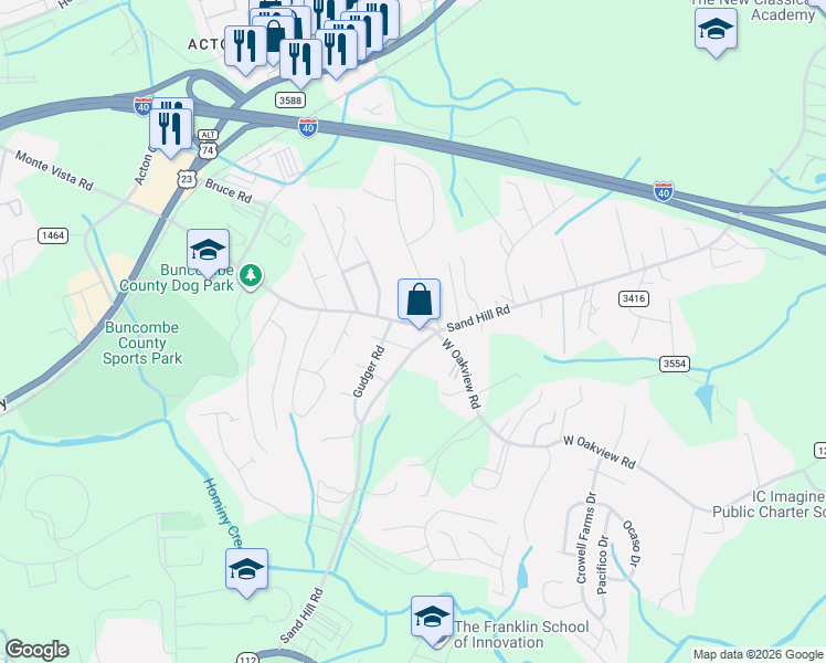map of restaurants, bars, coffee shops, grocery stores, and more near 25 Sand Hill School Road in Asheville