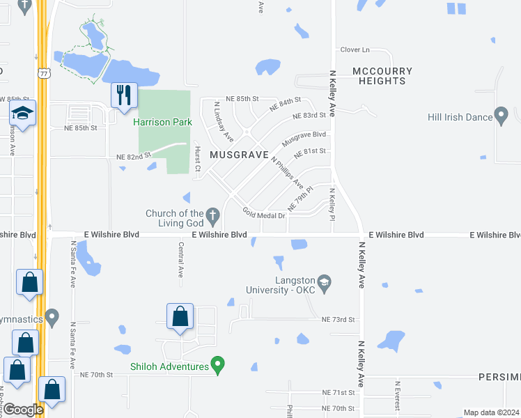 map of restaurants, bars, coffee shops, grocery stores, and more near 717 Northeast Katherine Place in Oklahoma City