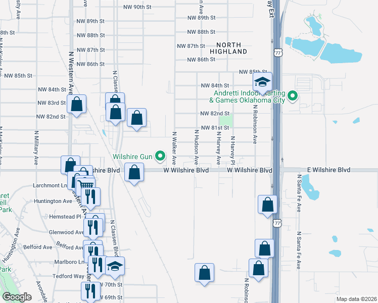 map of restaurants, bars, coffee shops, grocery stores, and more near 400 Northwest 80th Street in Oklahoma City