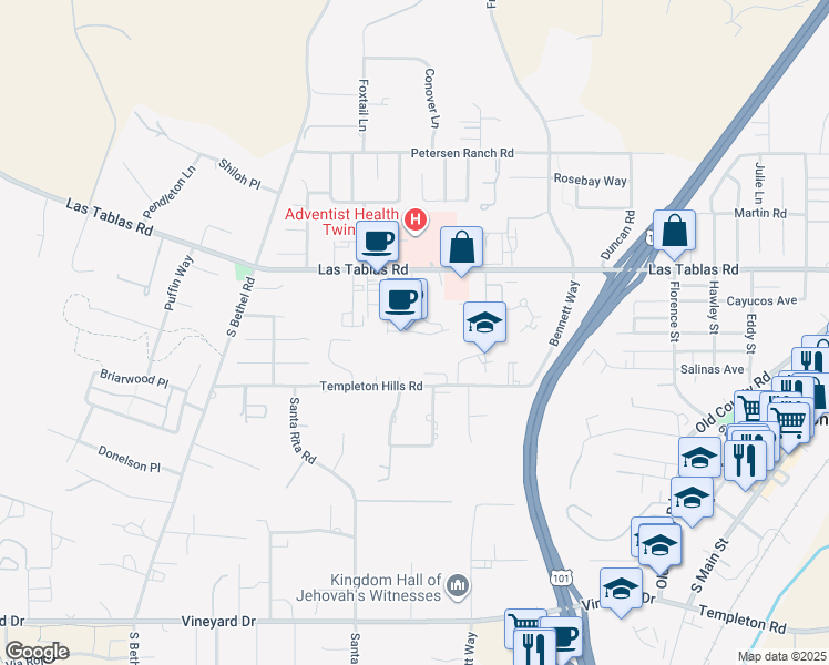 map of restaurants, bars, coffee shops, grocery stores, and more near Calle de Pueblo in Templeton