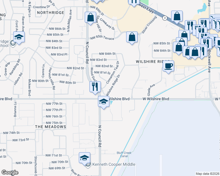 map of restaurants, bars, coffee shops, grocery stores, and more near 8024 Cinnamon Teal Drive in Oklahoma City