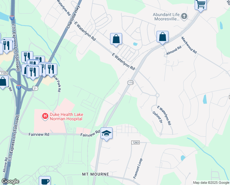 map of restaurants, bars, coffee shops, grocery stores, and more near 1334 Mecklenburg Highway in Mooresville