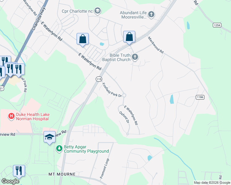 map of restaurants, bars, coffee shops, grocery stores, and more near 310 East Waterlynn Road in Mooresville