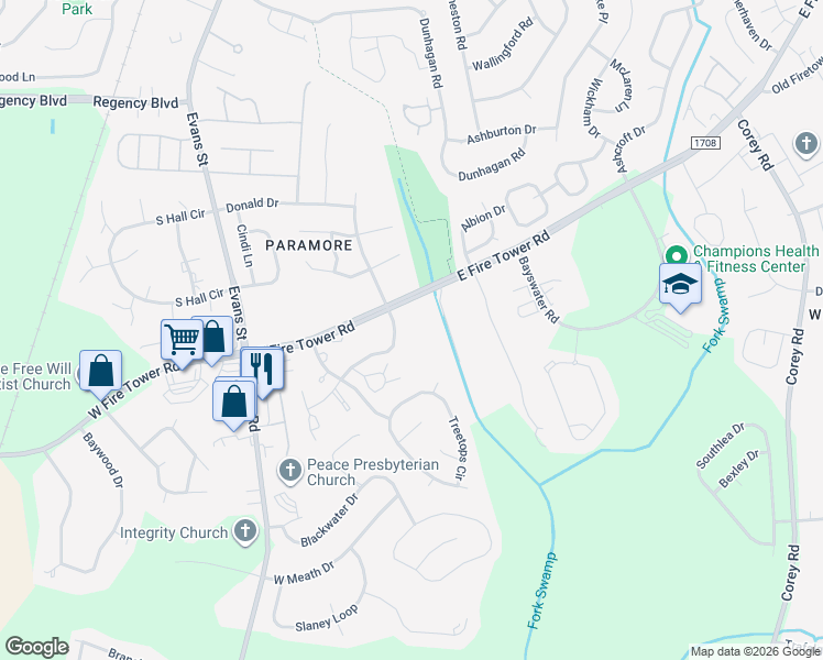 map of restaurants, bars, coffee shops, grocery stores, and more near 133 Pine Branches Close in Winterville