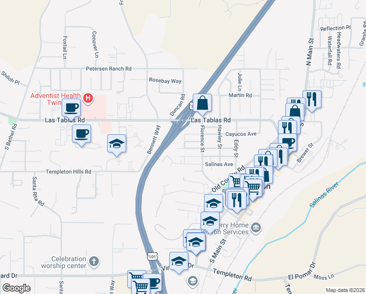 map of restaurants, bars, coffee shops, grocery stores, and more near in Templeton