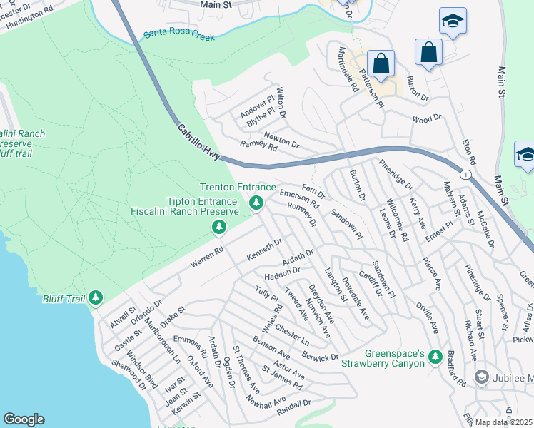 map of restaurants, bars, coffee shops, grocery stores, and more near Alban Place in Cambria