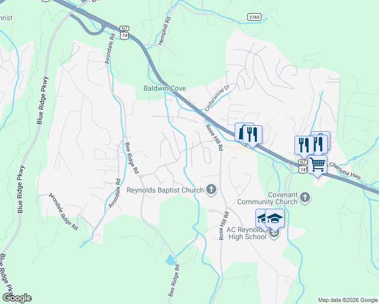 map of restaurants, bars, coffee shops, grocery stores, and more near 3 Timberlake Drive in Asheville