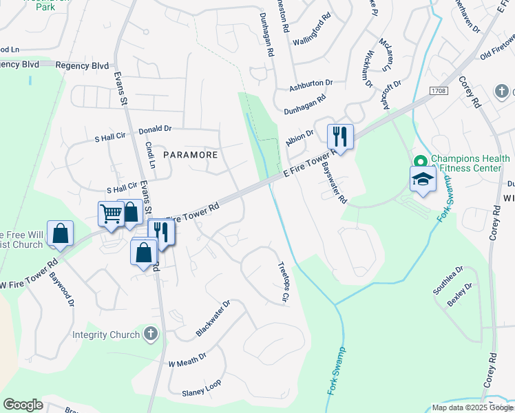 map of restaurants, bars, coffee shops, grocery stores, and more near 141 Pine Branches Close in Winterville