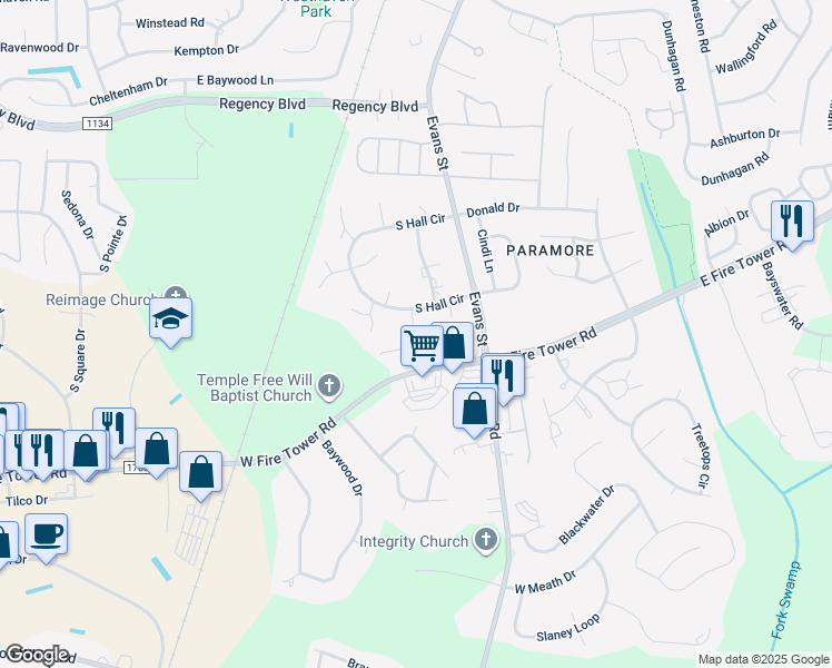 map of restaurants, bars, coffee shops, grocery stores, and more near 4004 Hidcote Court in Greenville
