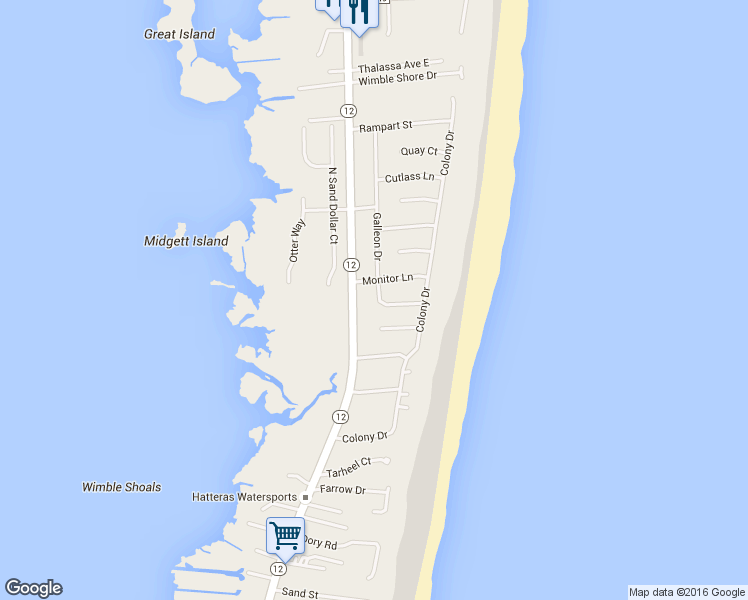 map of restaurants, bars, coffee shops, grocery stores, and more near 26412 Galleon Drive in Dare County