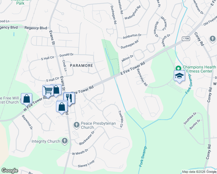 map of restaurants, bars, coffee shops, grocery stores, and more near 133 Pine Branches Close in Winterville