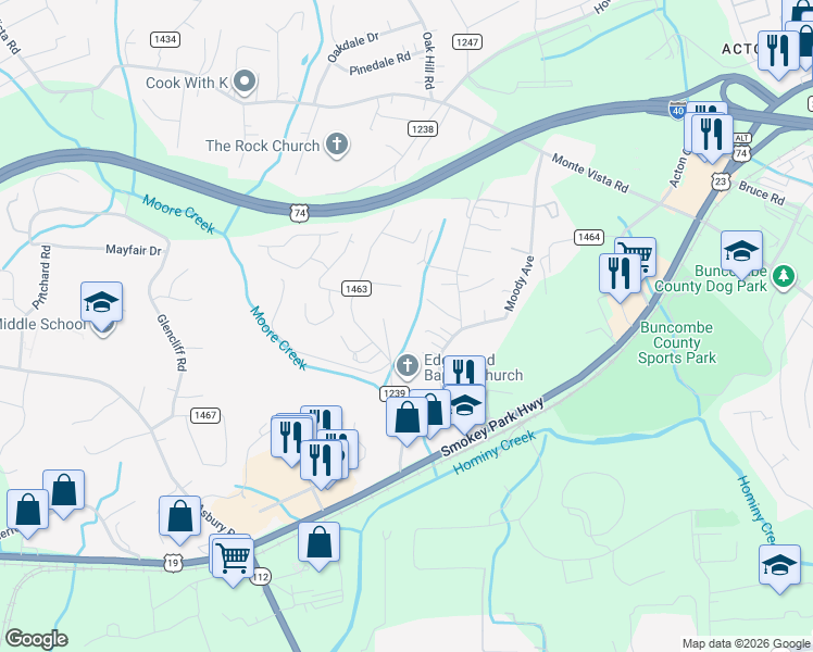 map of restaurants, bars, coffee shops, grocery stores, and more near 22 Holcombe Road in Candler