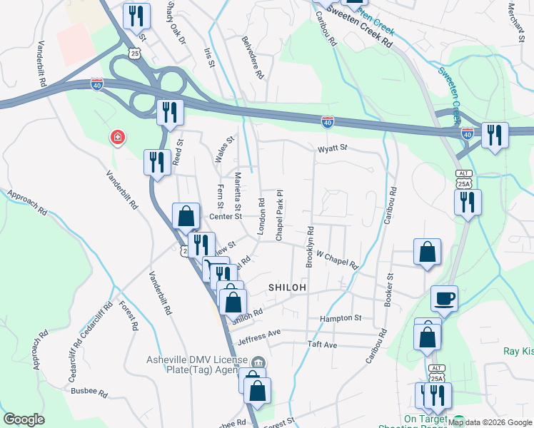 map of restaurants, bars, coffee shops, grocery stores, and more near 21 Chapel Park Place in Asheville