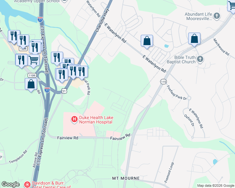 map of restaurants, bars, coffee shops, grocery stores, and more near 153 Crossrail Road in Mooresville