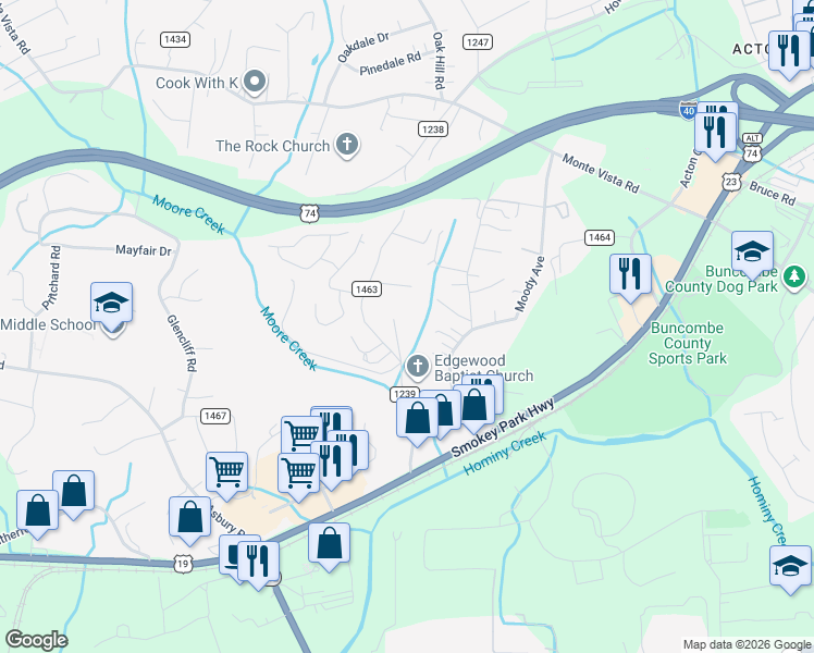 map of restaurants, bars, coffee shops, grocery stores, and more near 22 Holcombe Road in Candler