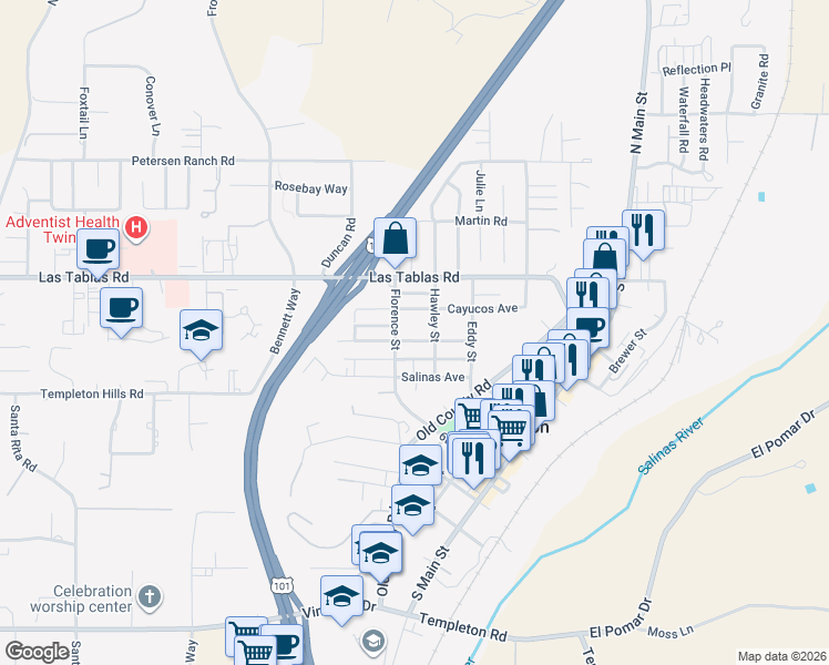 map of restaurants, bars, coffee shops, grocery stores, and more near 618 Forest Avenue in Templeton