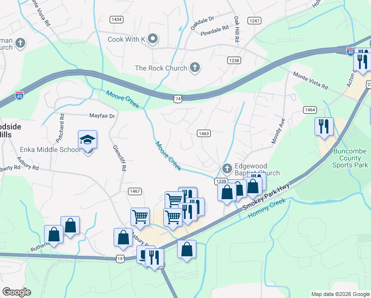map of restaurants, bars, coffee shops, grocery stores, and more near 169 Lower Edgewood Road in Candler