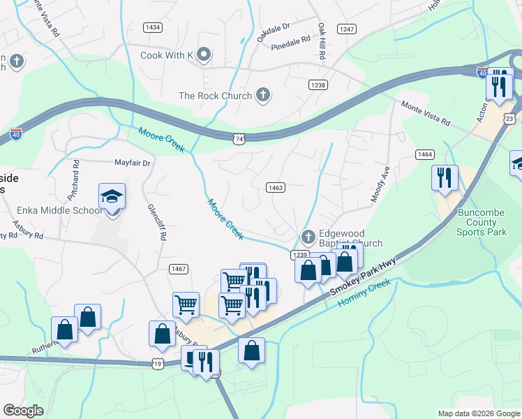 map of restaurants, bars, coffee shops, grocery stores, and more near 169 Lower Edgewood Road in Candler