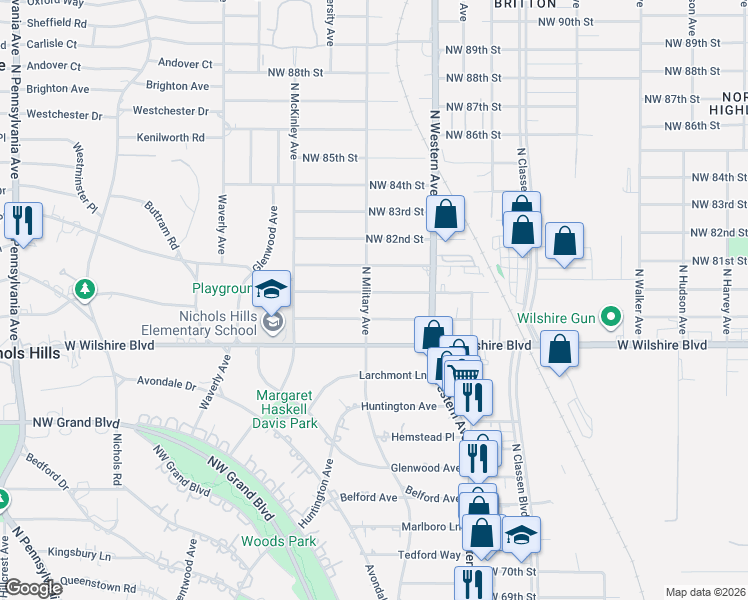 map of restaurants, bars, coffee shops, grocery stores, and more near 1201 Northwest 80th Street in Oklahoma City