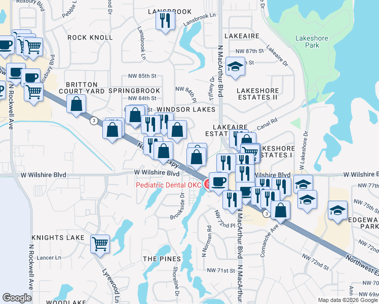 map of restaurants, bars, coffee shops, grocery stores, and more near 8108 North Brookside Drive in Oklahoma City