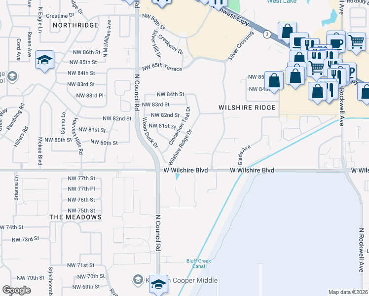 map of restaurants, bars, coffee shops, grocery stores, and more near 8108 Wilshire Ridge Drive in Oklahoma City