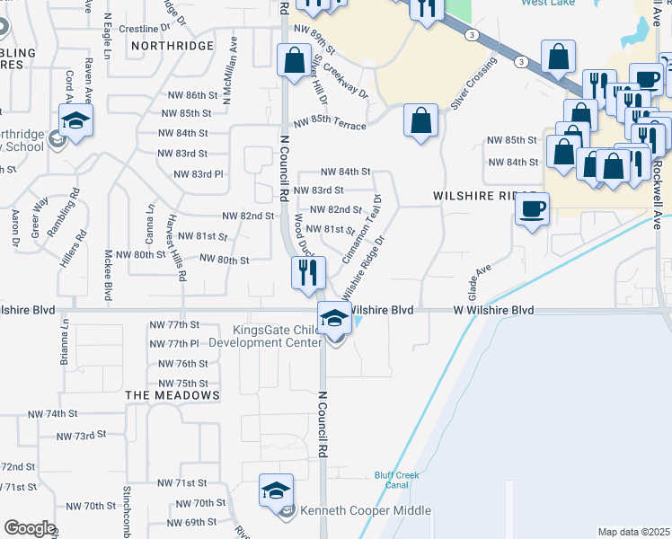 map of restaurants, bars, coffee shops, grocery stores, and more near 8012 Wood Duck Drive in Oklahoma City
