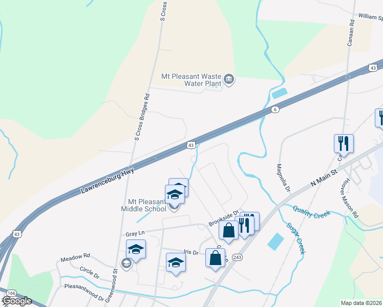 map of restaurants, bars, coffee shops, grocery stores, and more near 528 Brookside Drive in Mount Pleasant