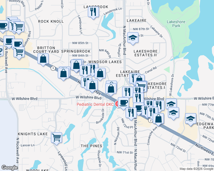 map of restaurants, bars, coffee shops, grocery stores, and more near 8108 North Brookside Drive in Oklahoma City