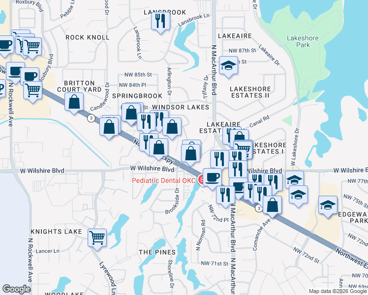 map of restaurants, bars, coffee shops, grocery stores, and more near 8108 North Brookside Drive in Oklahoma City