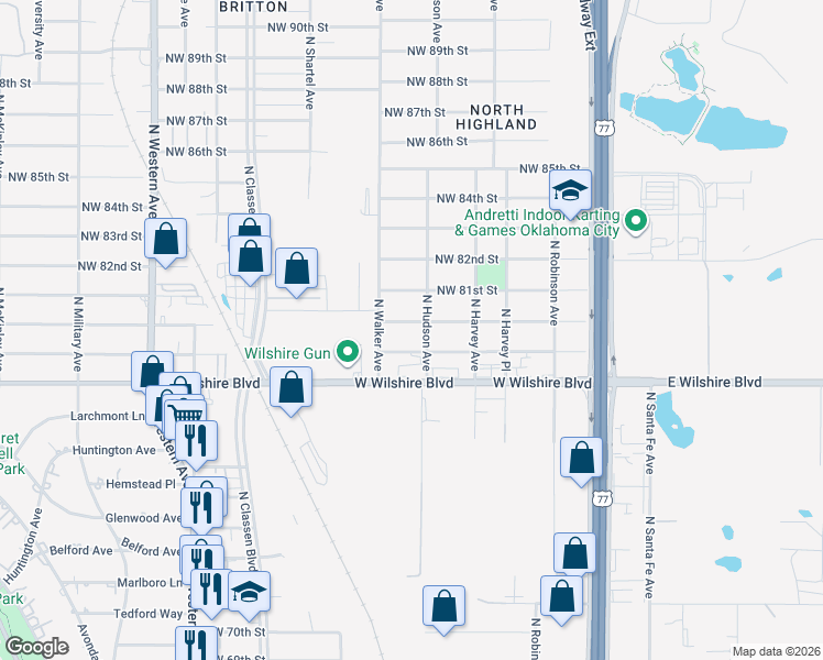 map of restaurants, bars, coffee shops, grocery stores, and more near 400 Northwest 80th Street in Oklahoma City