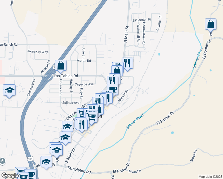 map of restaurants, bars, coffee shops, grocery stores, and more near 190 1st Street in Templeton