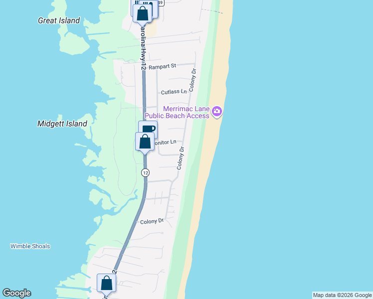 map of restaurants, bars, coffee shops, grocery stores, and more near 26423 Colony Drive in Nags Head