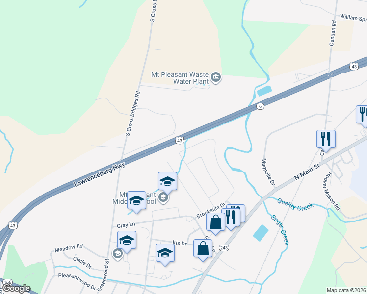 map of restaurants, bars, coffee shops, grocery stores, and more near 528 Brookside Drive in Mount Pleasant