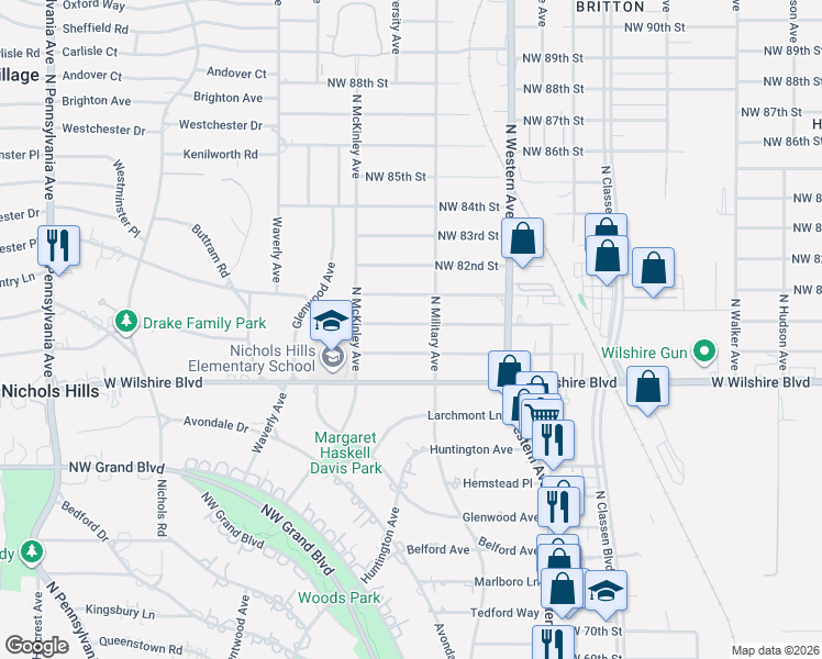 map of restaurants, bars, coffee shops, grocery stores, and more near 1201 Northwest 80th Street in Oklahoma City