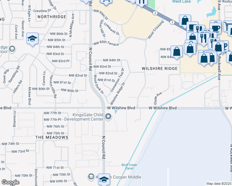 map of restaurants, bars, coffee shops, grocery stores, and more near 8024 Cinnamon Teal Drive in Oklahoma City
