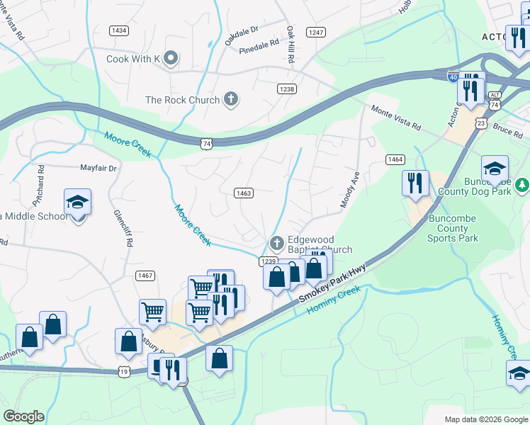 map of restaurants, bars, coffee shops, grocery stores, and more near 22 Holcombe Rd in Candler