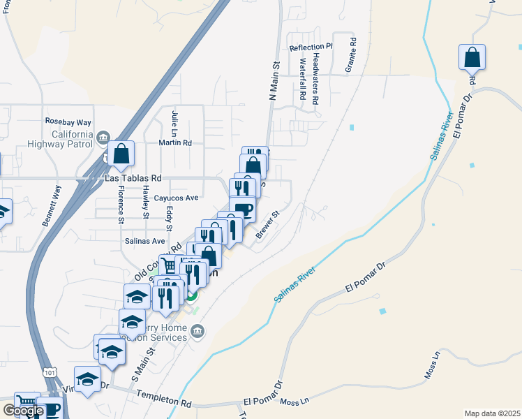 map of restaurants, bars, coffee shops, grocery stores, and more near 93 South Main Street in Templeton