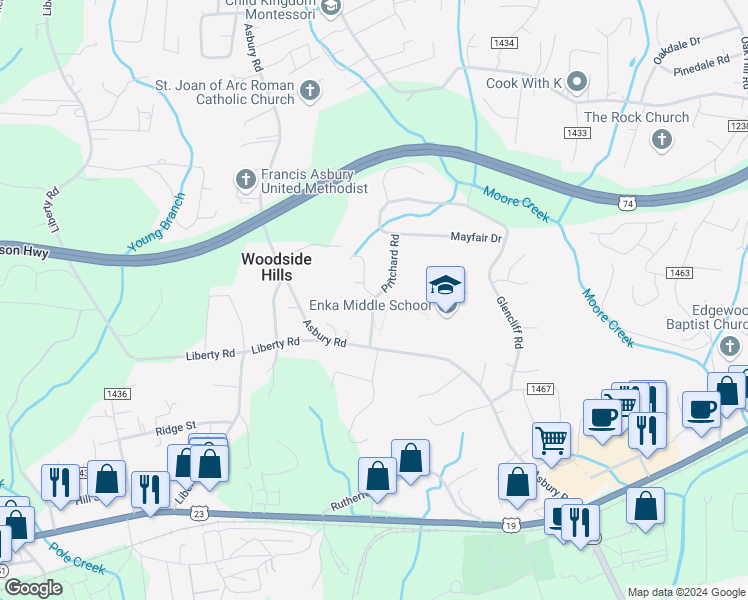 map of restaurants, bars, coffee shops, grocery stores, and more near 303 Pritchard Road in Candler