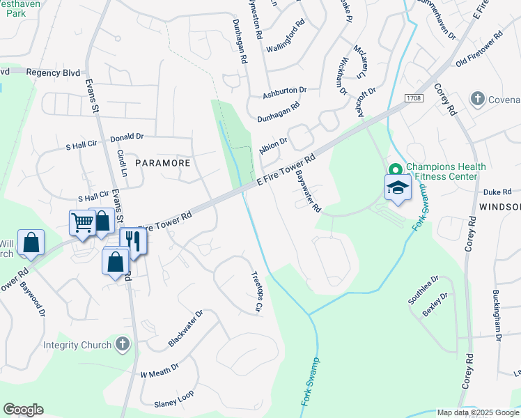 map of restaurants, bars, coffee shops, grocery stores, and more near 420 West Firetower Road in Winterville