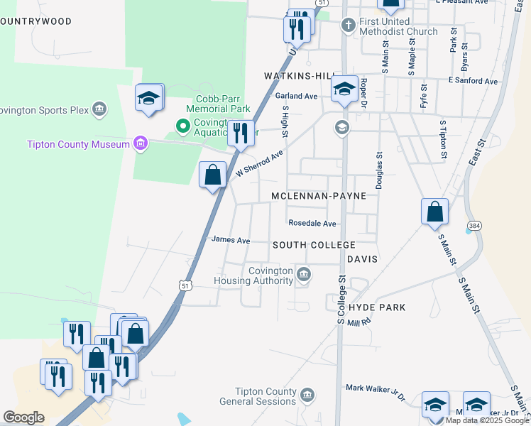 map of restaurants, bars, coffee shops, grocery stores, and more near 1301 Walters Street in Covington