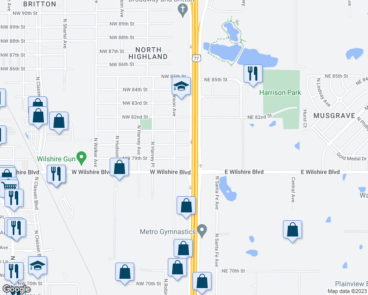 map of restaurants, bars, coffee shops, grocery stores, and more near 124 Northwest 80th Street in Oklahoma City