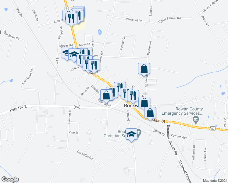 map of restaurants, bars, coffee shops, grocery stores, and more near 303 West Main Street in Rockwell