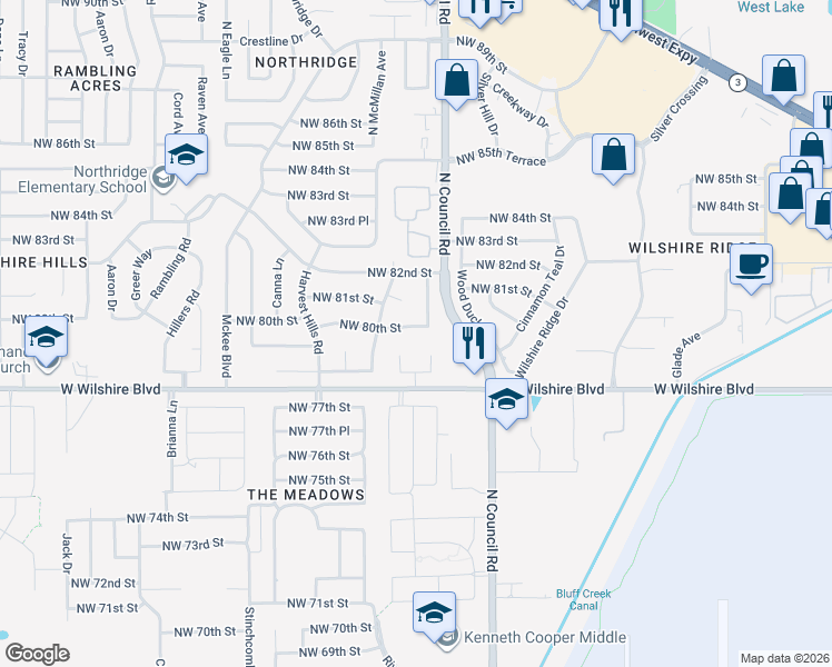 map of restaurants, bars, coffee shops, grocery stores, and more near 8010 Northwest 80th Street in Oklahoma City